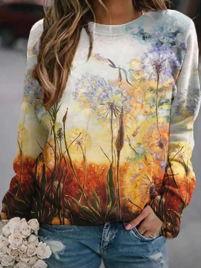 Round Neck Printed Long Sleeve T-shirt