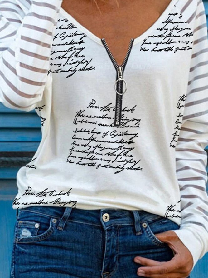 White Letters Printed Zipper V Neck Long Sleeve Casual Shift Top
