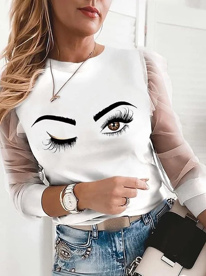 White Mesh Paneled Printed Round Neck Long Sleeve Shift Casual Tops