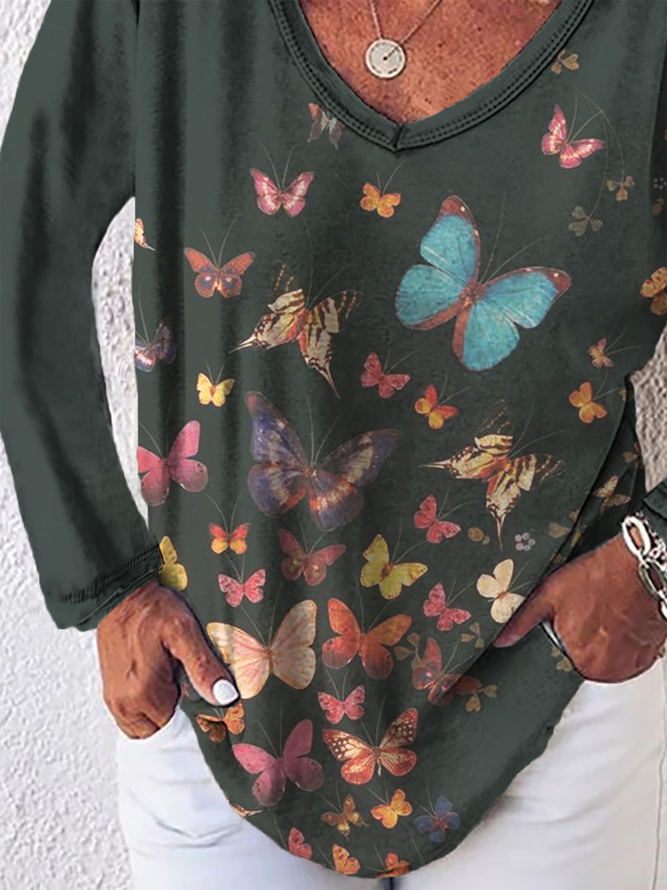 Plus size Butterfly Printed Long Sleeve T-shirt