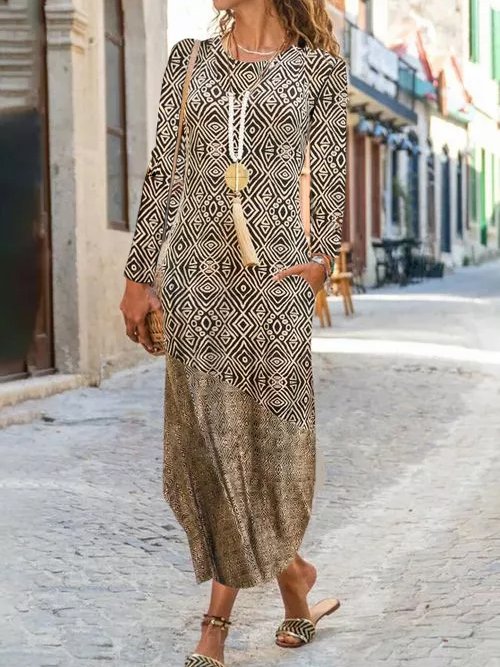 Geometric ALine Bateau/Boat Neck Long Sleeve Knitting Dress zolucky