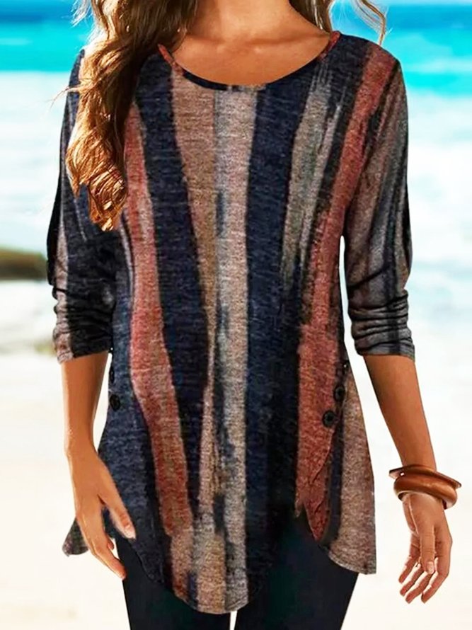 Brown Stripes Printed Casual Long Sleeve Shift Top