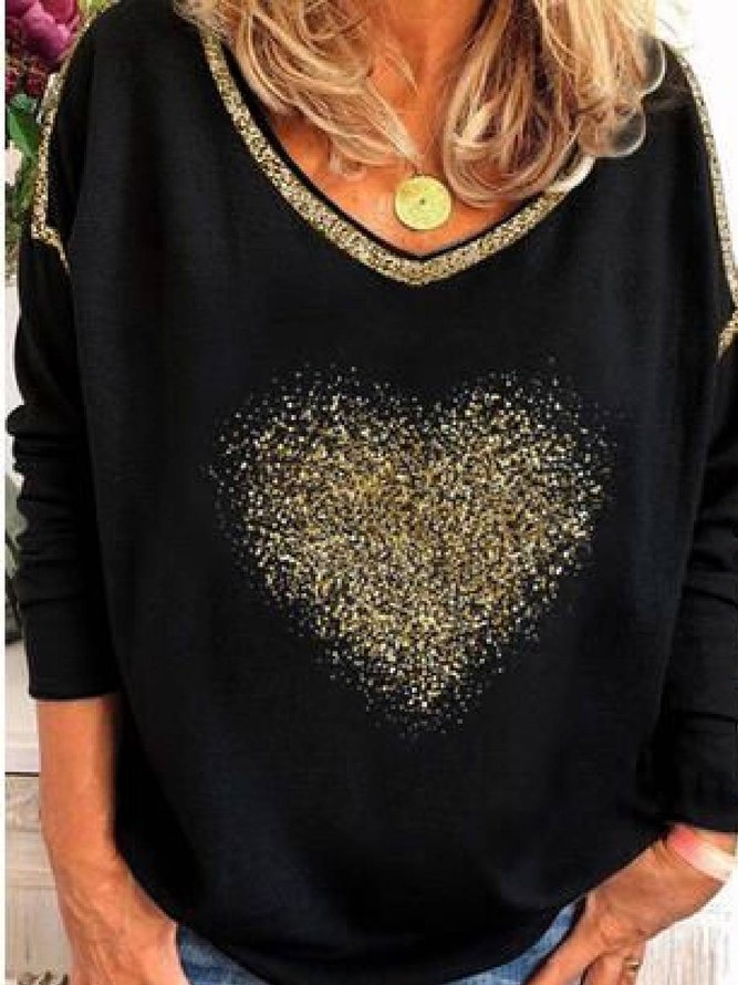 Long Sleeve Casual Heart Printed T-shirt Valentine's Day Top