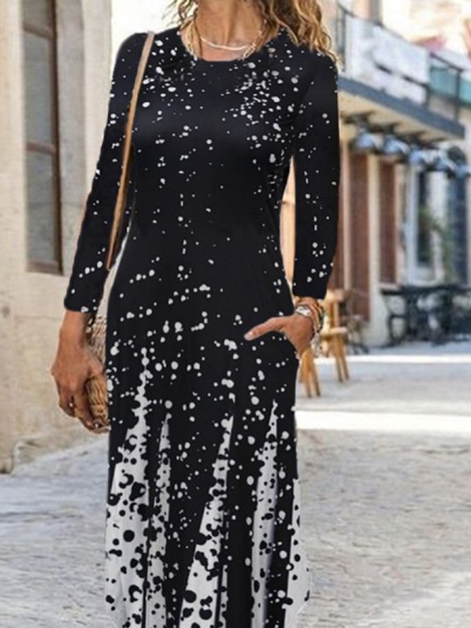 Black Printed Long Sleeve Round Neck Casual Knitting Dress