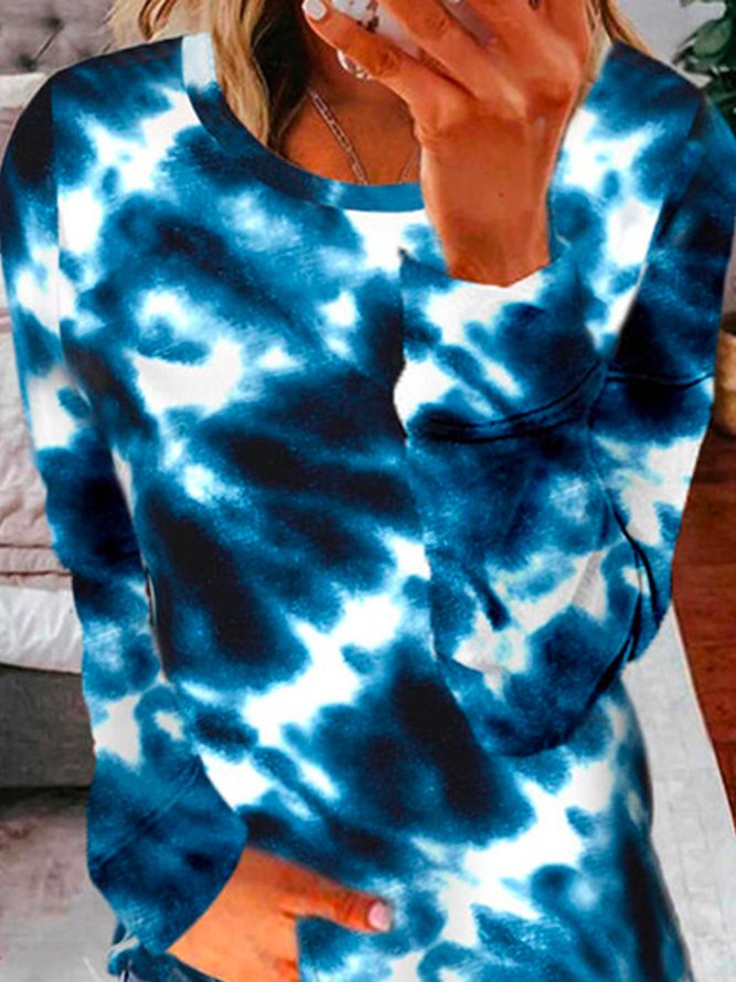 Cotton-Blend Casual Floral-Print Ombre/Tie-Dye Top