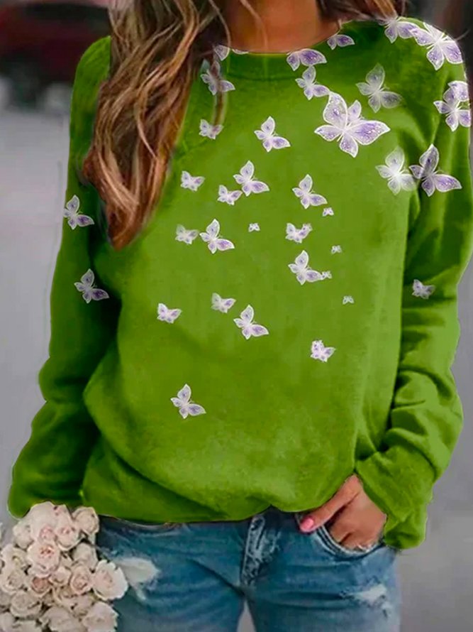 Cotton-Blend Butterfly Long Sleeve Casual Sweatshirts