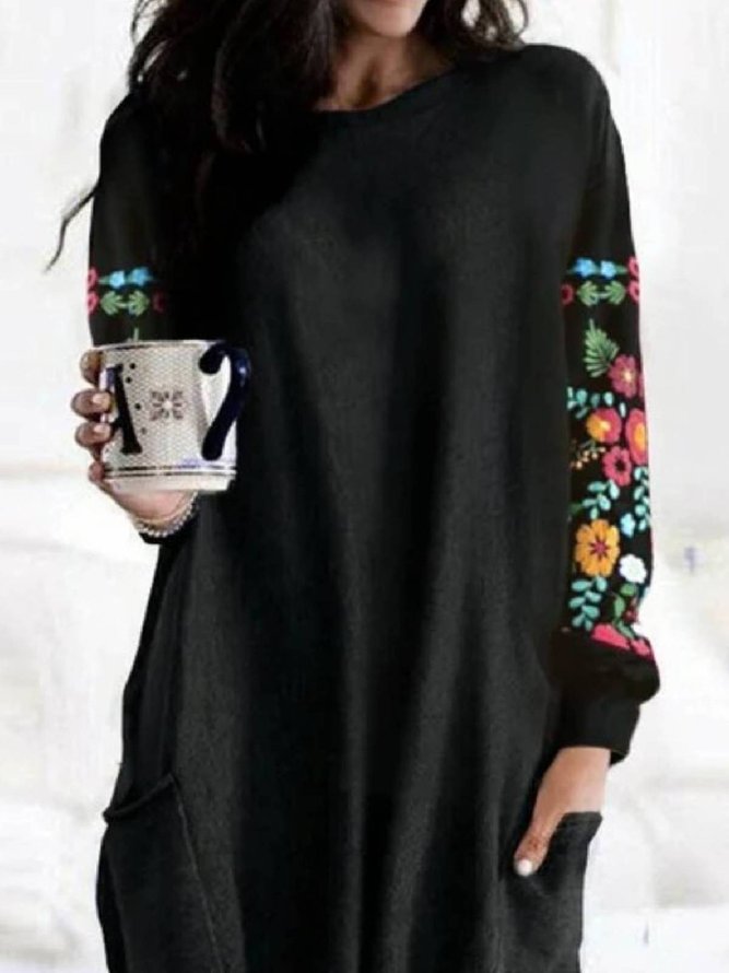 Long Sleeve Crew Neck Floral-Print Floral Tops