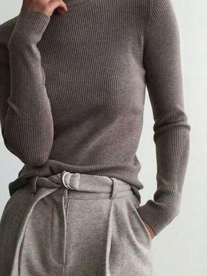 Khaki Basic Casual Turtleneck Knitted Long Sleeve Sweater