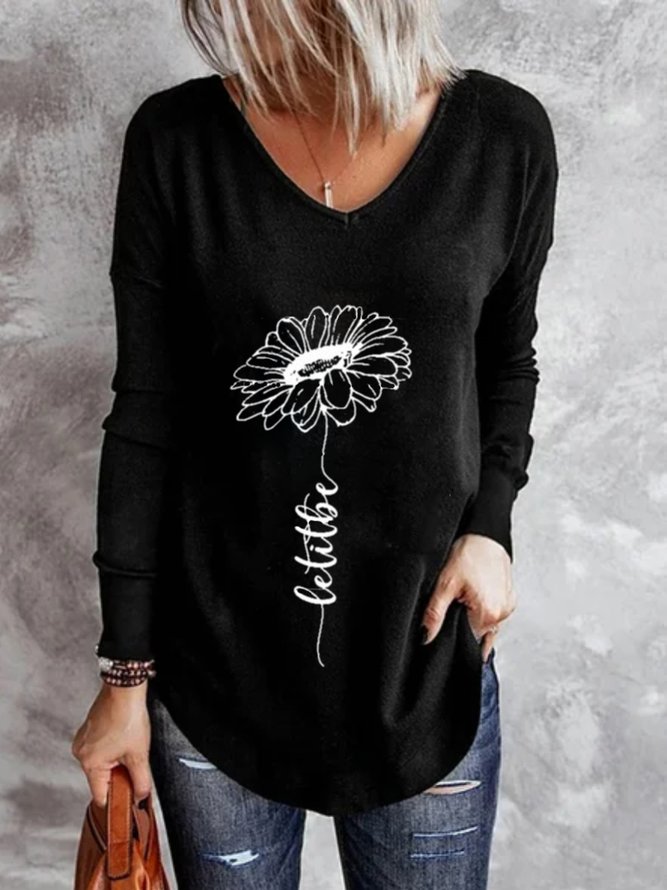 Casual Long Sleeve V Neck Plus Size Printed Tops T-shirts