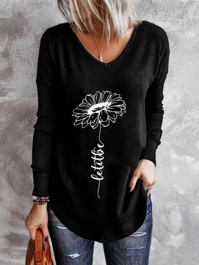 Casual Long Sleeve V Neck Plus Size Printed Tops T-shirts