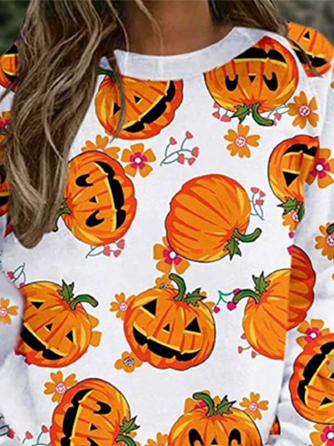 Vintage Halloween Pumpkin Printed Crew Neck Long Sleeve Casual Sweatshirt