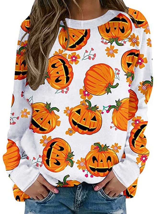 Vintage Halloween Pumpkin Printed Crew Neck Long Sleeve Casual Sweatshirt