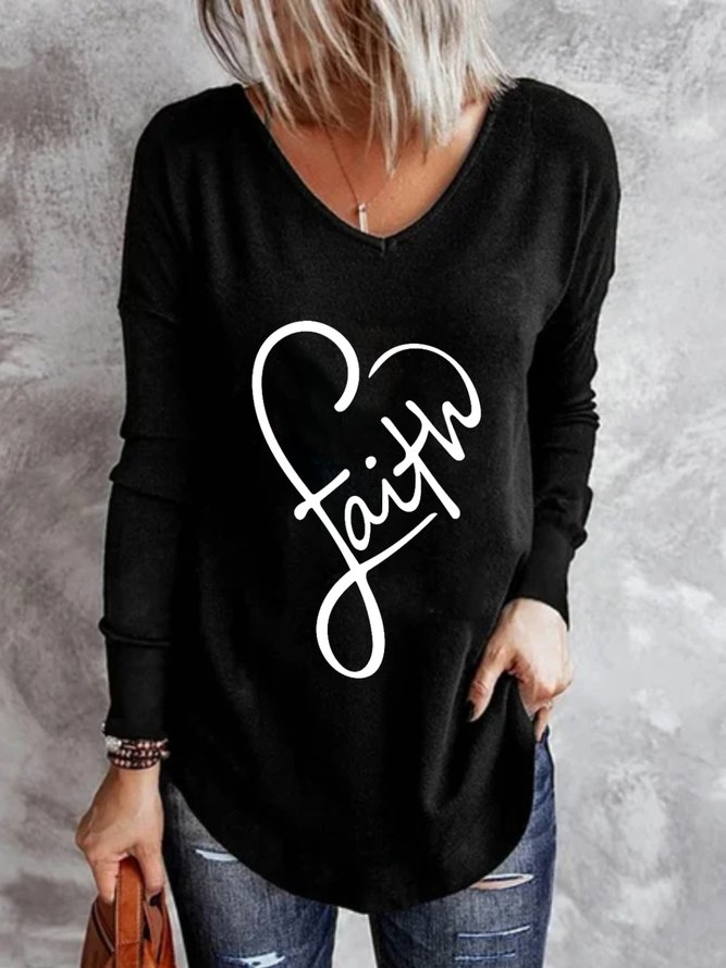 Casual Long Sleeve V Neck Heart Printed Top Valentine's Day T-shirt