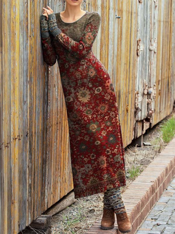 Long-sleeved Tribal Printed Casual Knitting Dress
