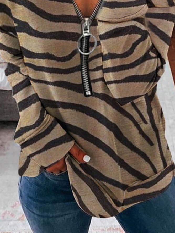 Vintage Zebra Printed Long Sleeve Zipper V Neck Casual Sweatshirt