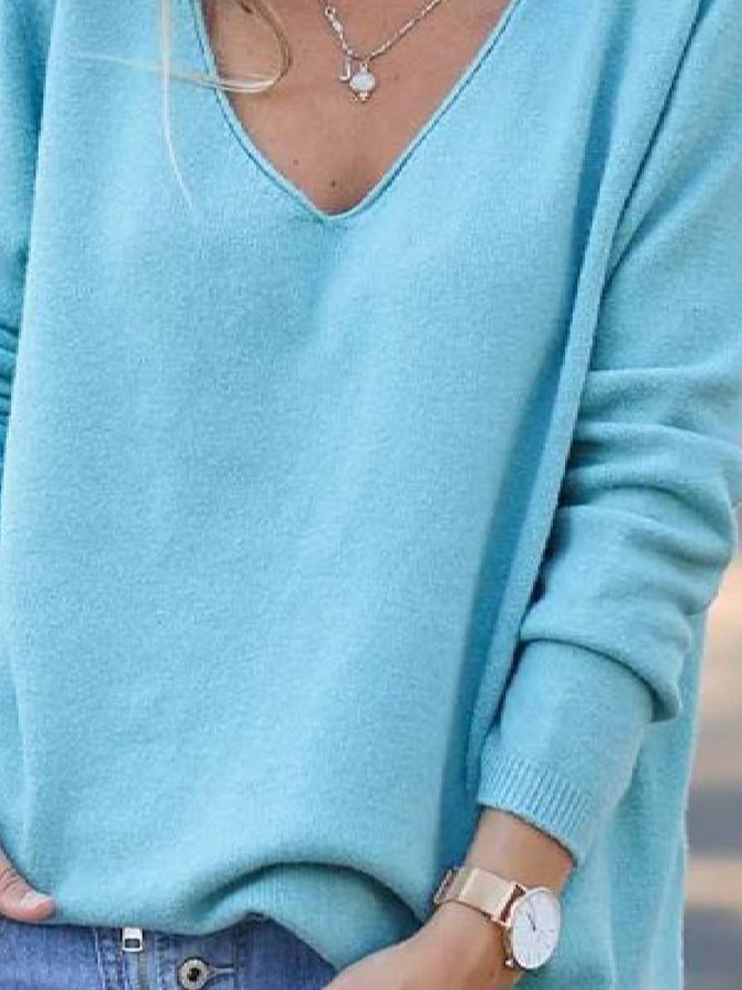 Casual Solid V-neck Long Sleeves Sweater