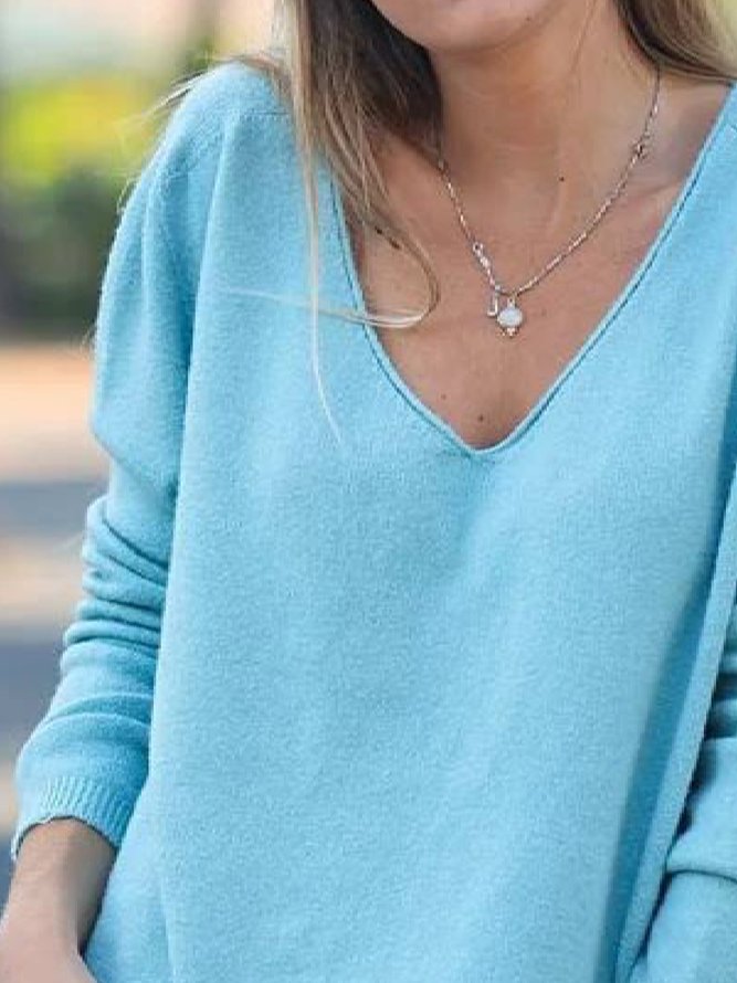Casual Solid V-neck Long Sleeves Sweater