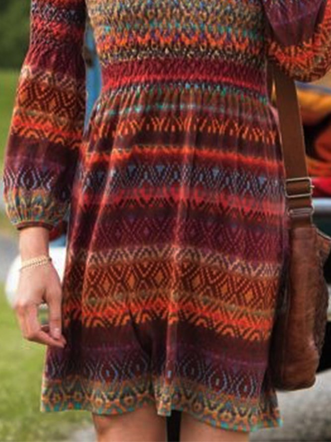 Vintage Boho Geometric Printed Crew Neck Long Sleeve Plus Size Casual Knitting Dress