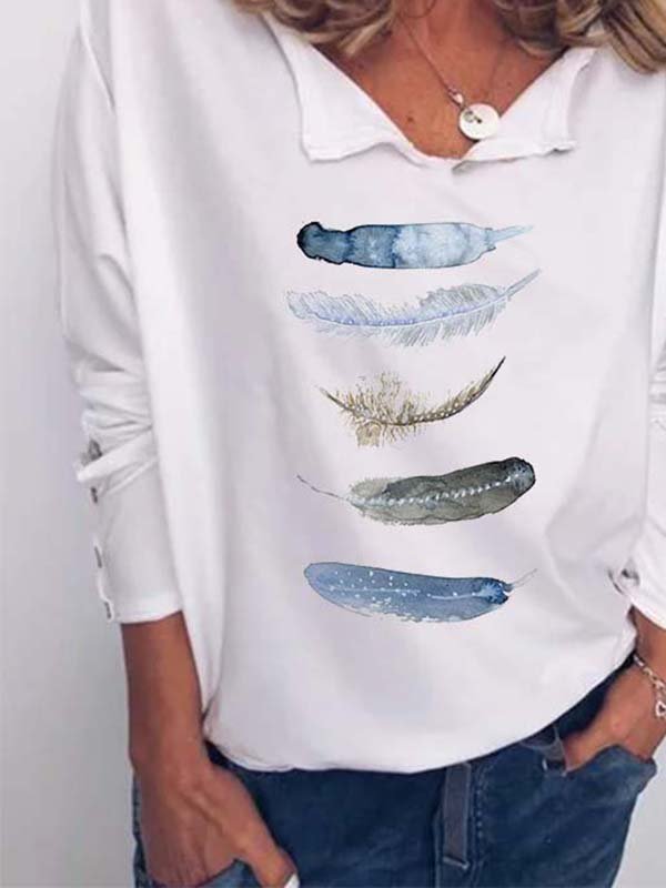 Long Sleeve V-neck Feather Printed West Styles/Cows T-shirt
