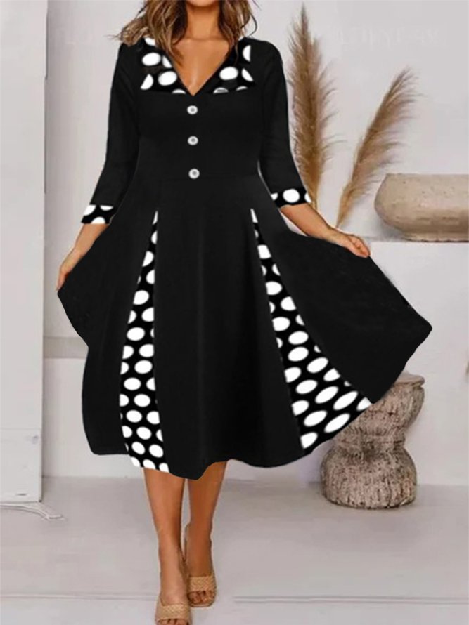 Vintage Polka Dots Printed Color-Block Long Sleeve Casual Knitting Dress