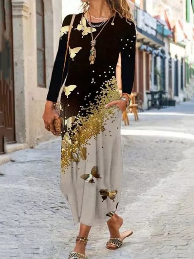 Black Butterfly Printed Casual Vacation Long Sleeve Maxi Knitting Dress