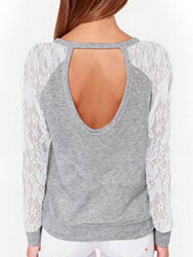 Lace Long sleeve Casual Crew Neck T-shirt