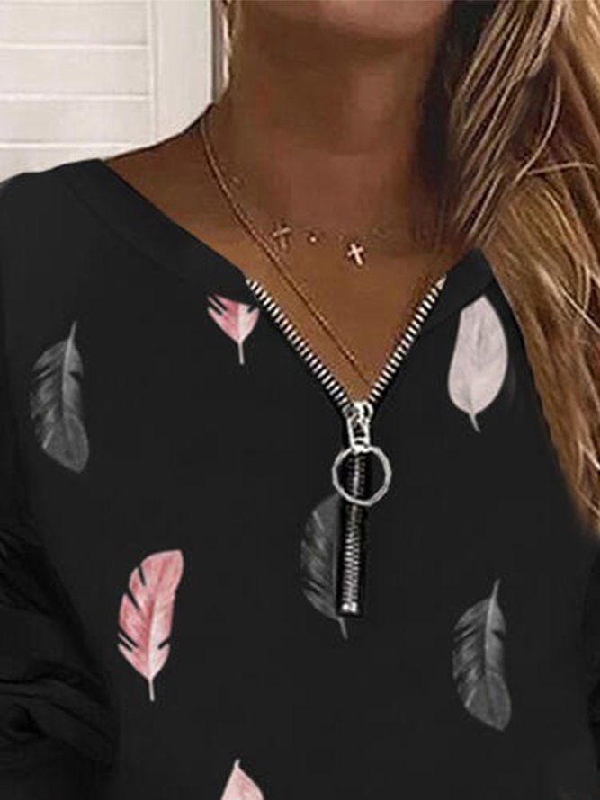 Vintage Feather Printed Zipper V-Neck Long Sleeves Plus Size Casual Sweatshirts