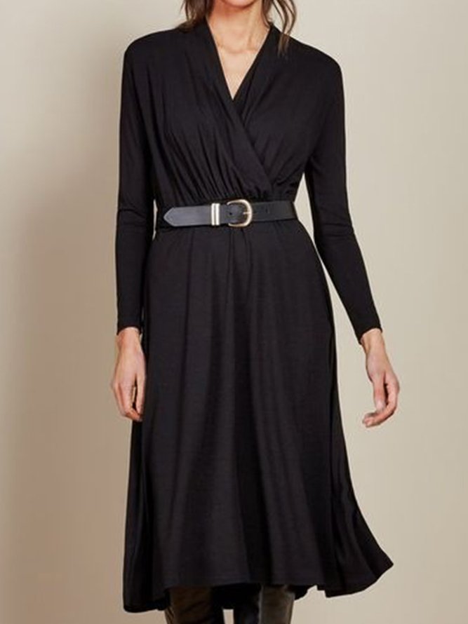 Black V Neck Basics Simple Casual Long sleeve Knitting Dress