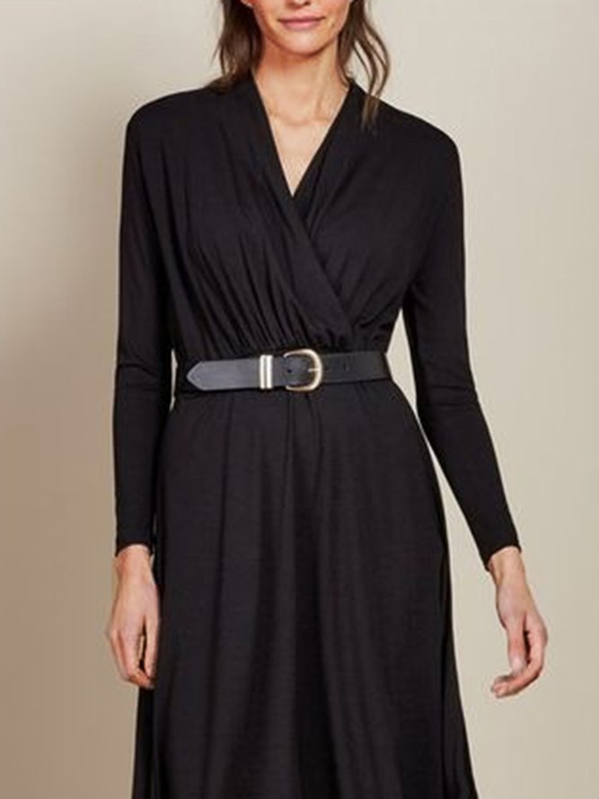 Black V Neck Basics Simple Casual Long sleeve Knitting Dress
