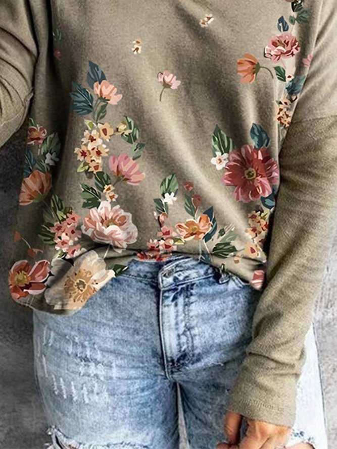 Vintage Floral Printed V Neck Long Sleeves Plus Size Casual Tops