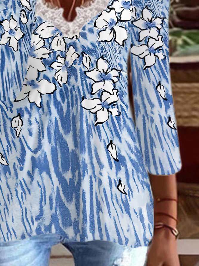 Vintage Floral Printed Long Sleeves Lace V Neck Casual Top
