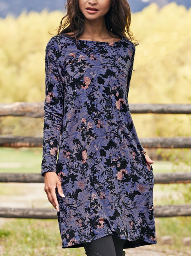 Casual Long Sleeve Round Neck Printed Dress
