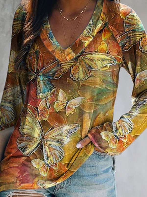 Butterfly Printed Casual Loosen V Neck T-shirt
