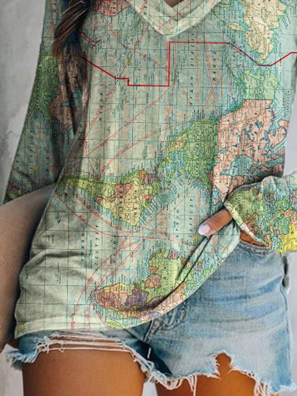 Map Printed V Neck Long Sleeve Casual T-shirt