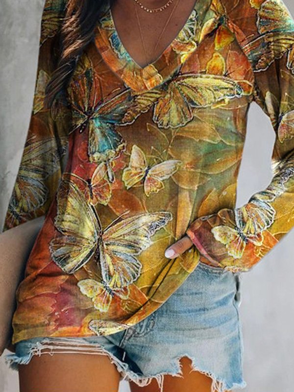 Butterfly Printed Casual Loosen V Neck T-shirt