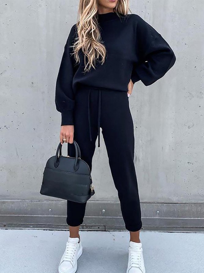 Casual Long Sleeves Crew Neck Solid Two Piece Sets