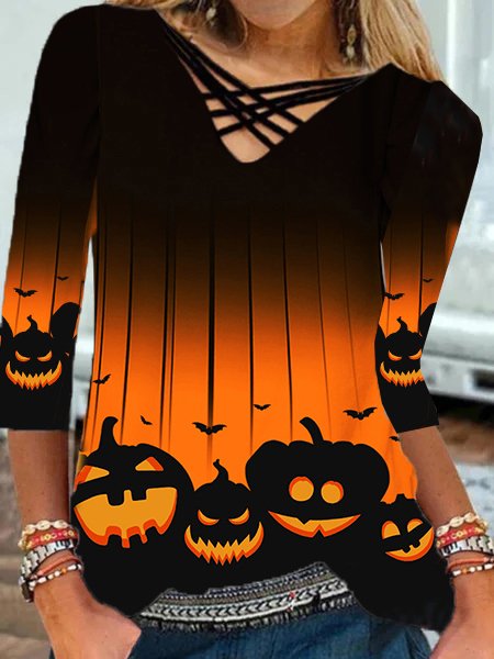 Halloween Casual V Neck Jersey H-Line Top