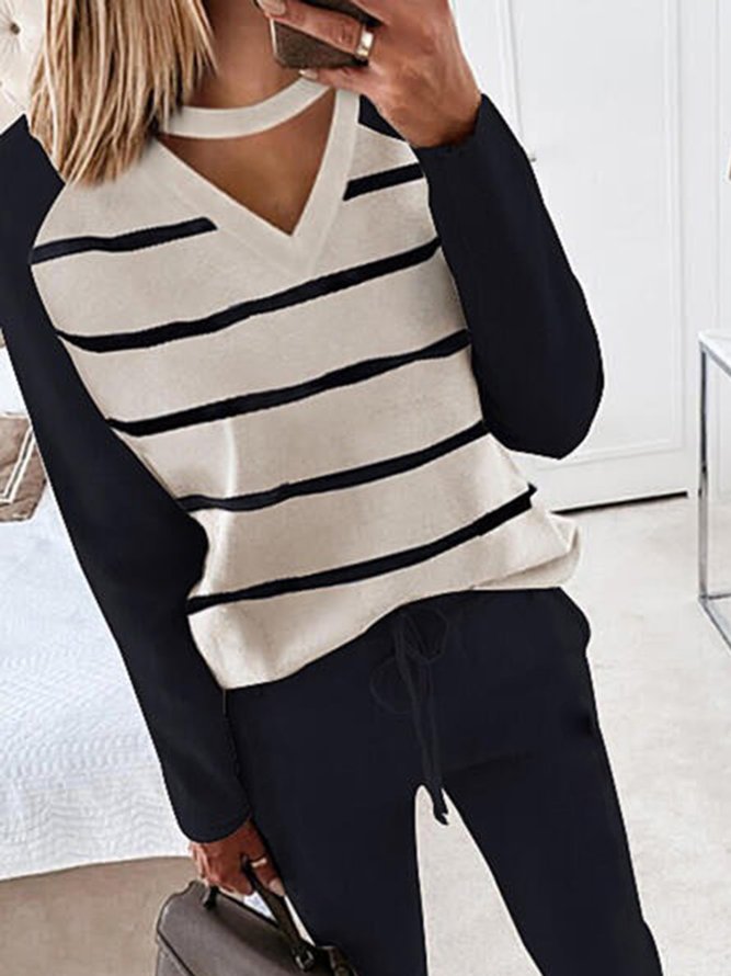 Striped V Neck Top With Pants Two Piece Sets