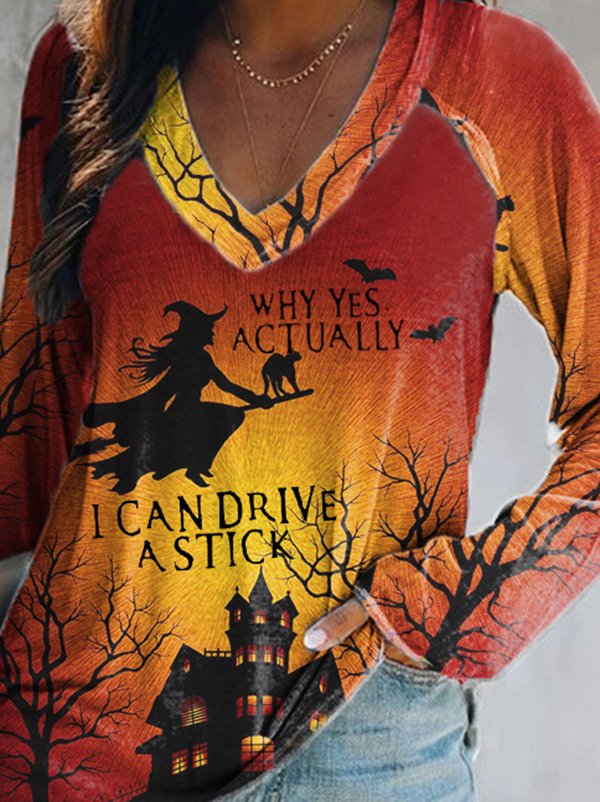 Halloween Printed V Neck Casual T-shirt