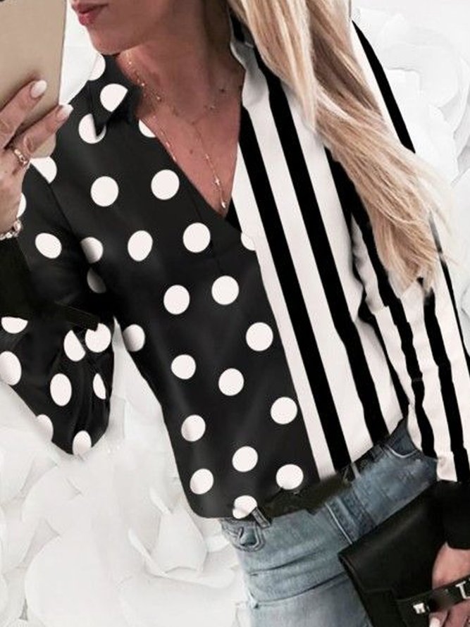 Color-block Polka Dots Striped Printed Long Sleeves Plus Size Casual Tops