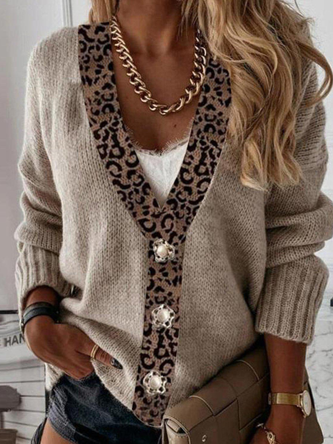 Zolucky Women Casual Champagne Leopard V Neck Casual Caridigans
