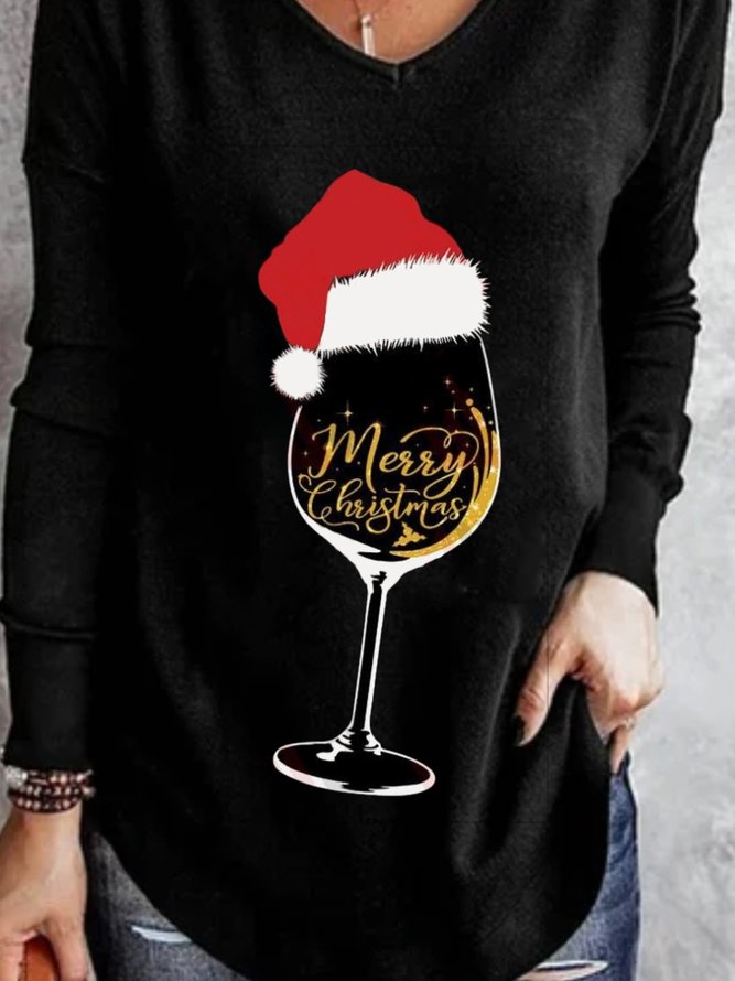 Christmas Xmas Wine Hat Long Sleeve V Neck Printed Top T-shirt
