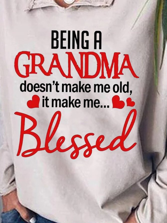 Blessed Grandma Letters Printed Long Sleeves Shawl Collar Plus Size Casual Tops