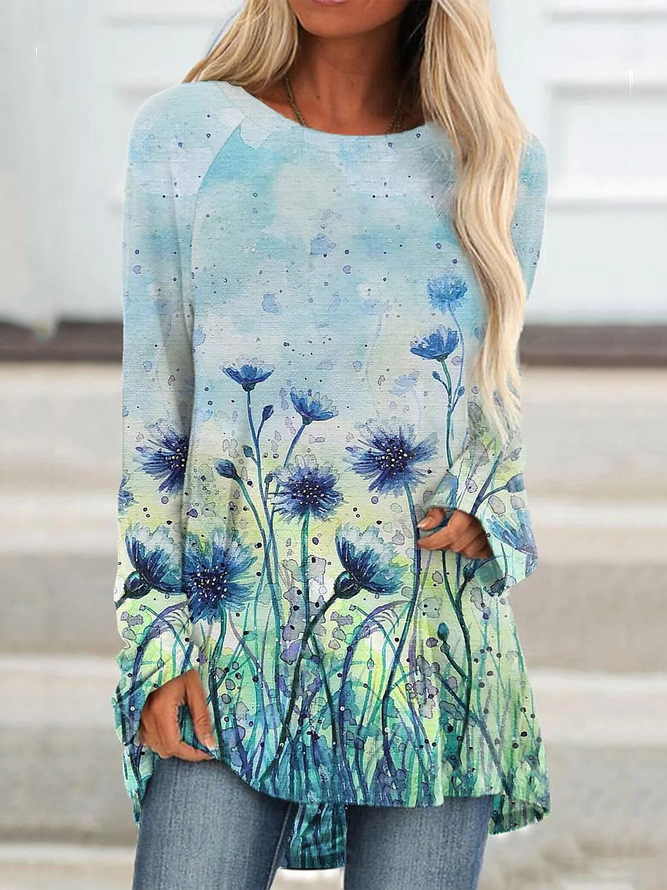 Floral Printed Round Neck Casual Loosen Tops