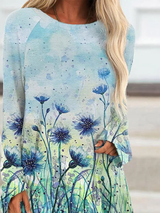 Floral Printed Round Neck Casual Loosen Tops
