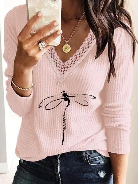 Vintage Dragonfly Printed Long Sleeve Lace V Neck Plus Size Casual Tops