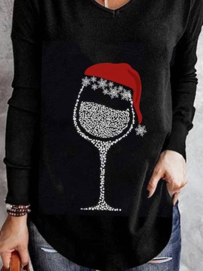 Casual Long Sleeve V Neck Plus Size Printed Top T-shirt