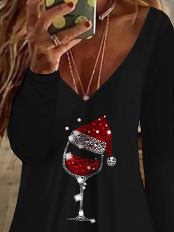 Wine Glass Pattern Long Sleeves V Neck Casual Top
