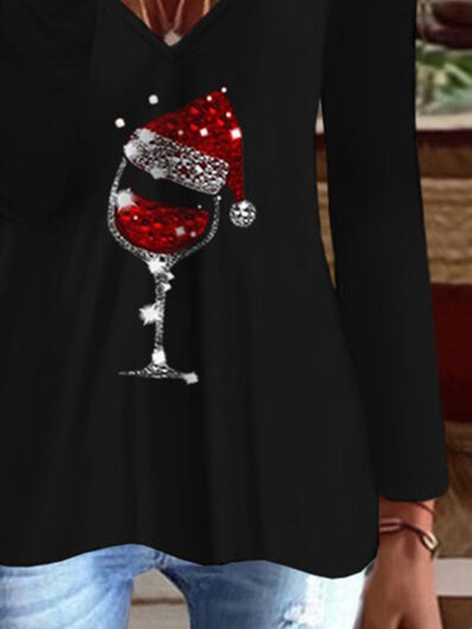 Wine Glass Pattern Long Sleeves V Neck Casual Top