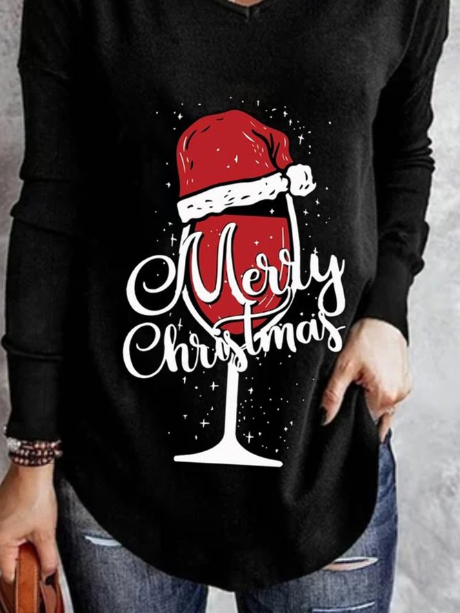 Christmas Xmas Long Sleeve V Neck Printed Top T-shirt Xmas T-shirt